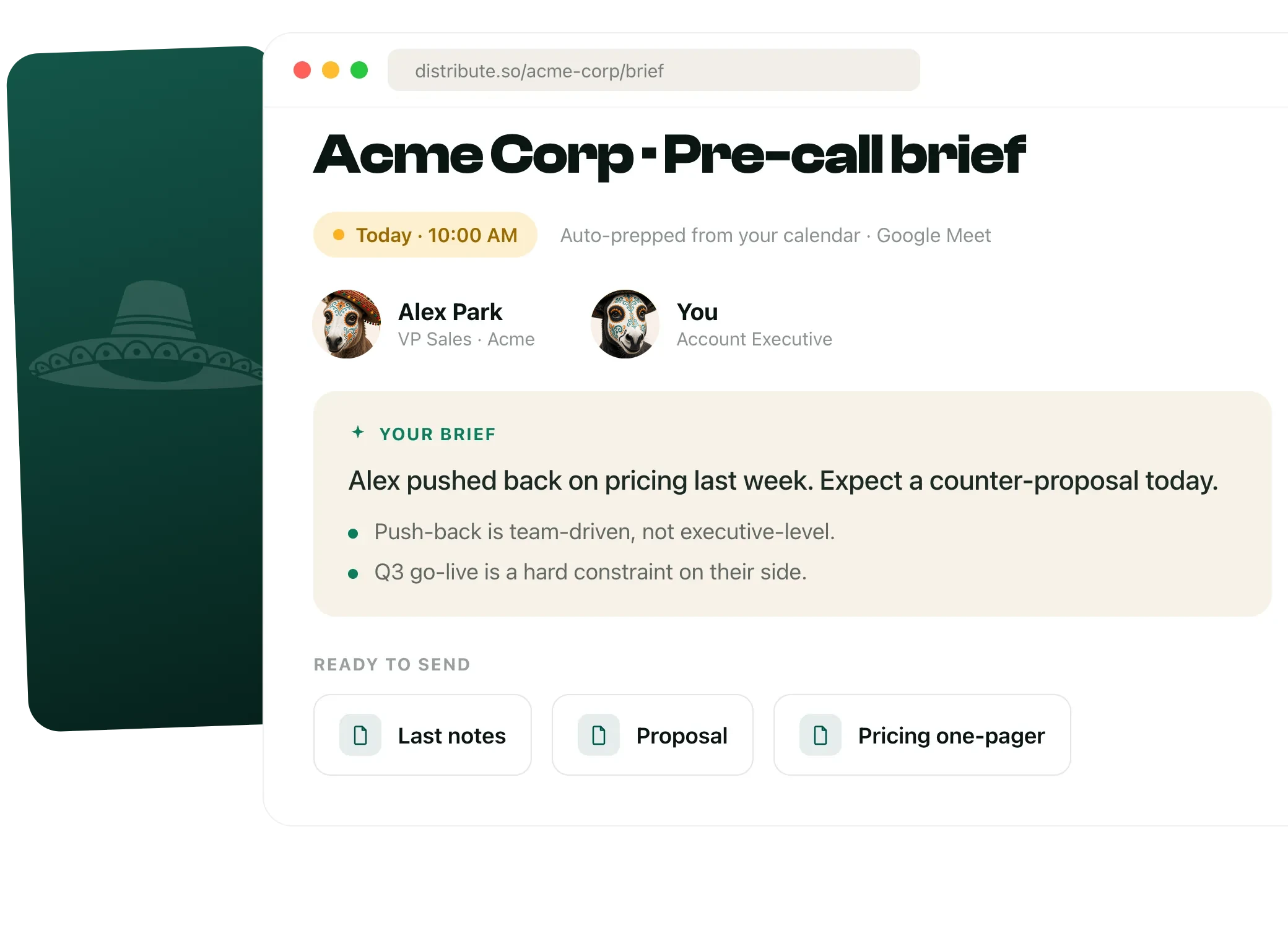 Pre-call brief for Acme Corp, auto-prepped from the calendar