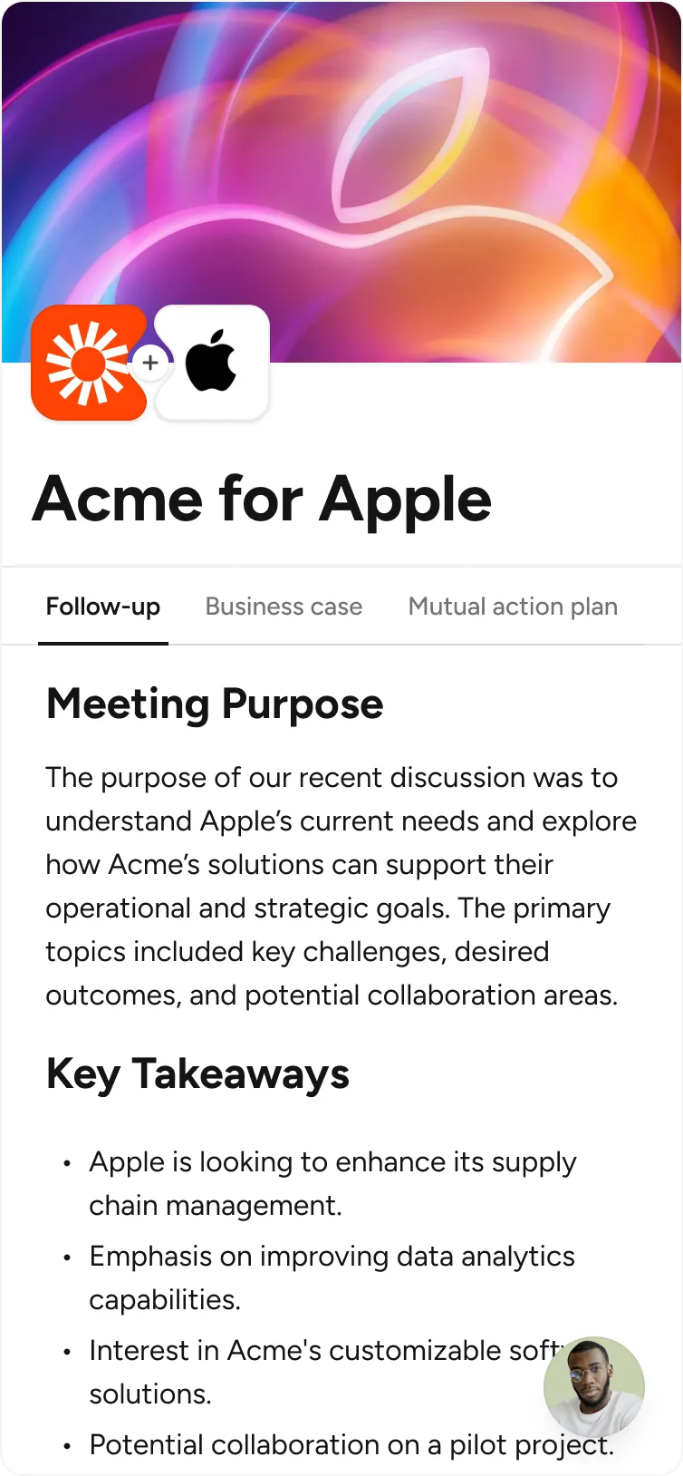 A Distribute deal page for Acme & Apple โ built from a sales call