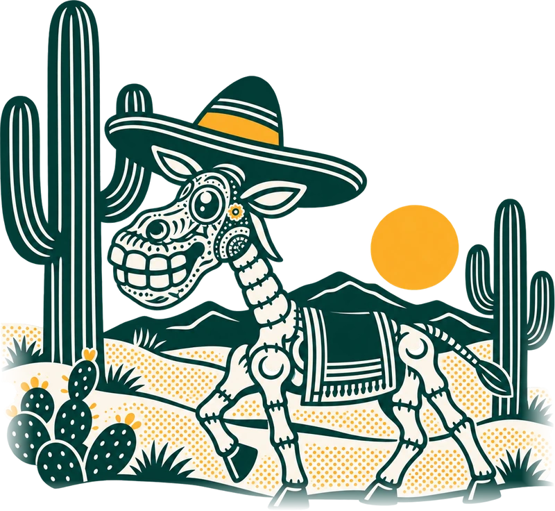 Dante the skeleton donkey in a sombrero strolling through a desert