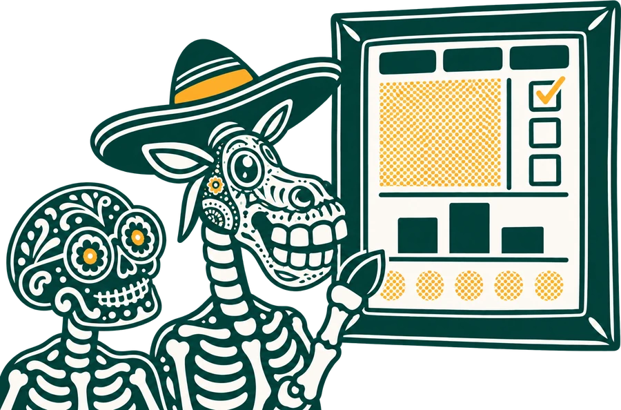 Dante the skeleton donkey presenting a framed one-pager to a calavera
