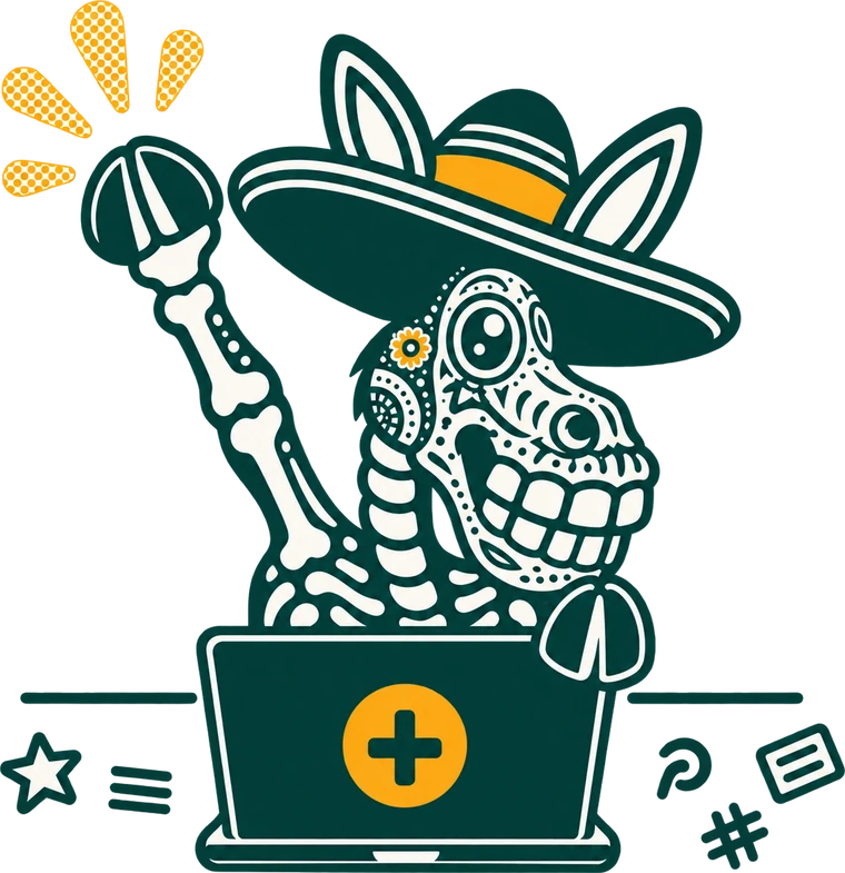 Dante the skeleton donkey raising a hoof behind a laptop with a plus sign